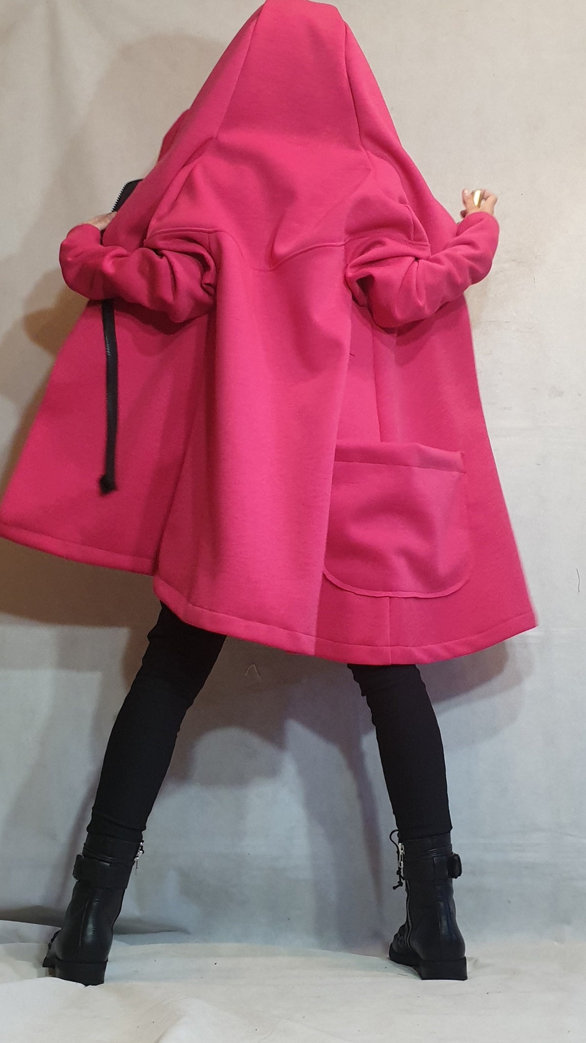 Hot Pink Asymmetric Cotton Hoodie, Diagonal Zip, Oversized Hood and Patch Pocket, Plus Size