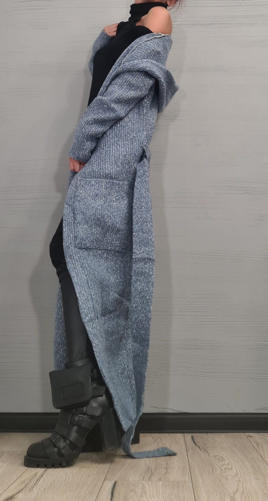Blue Mohair Hooded Maxi Cardigan, Oversized Knit Cloak, Plus Size Sweater