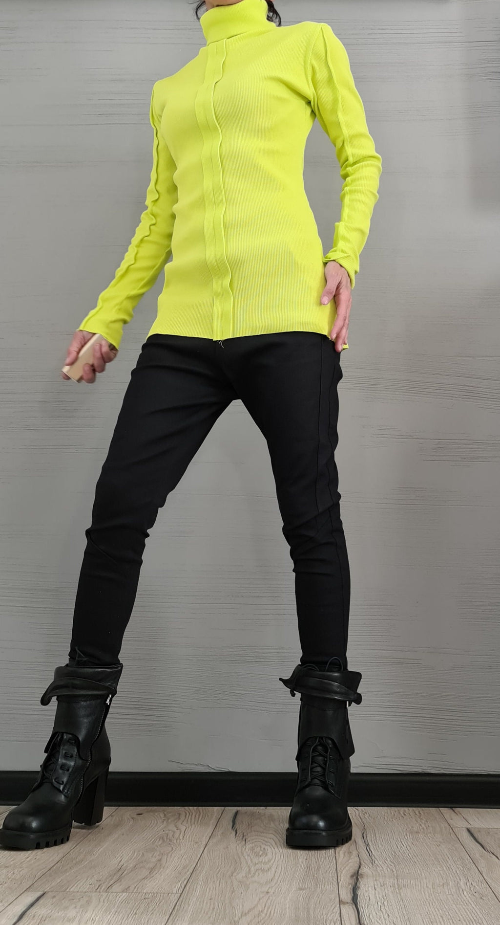 Lime Cotton Turtle Neck Fitted Top, Extravagant Avant Garde Blouse