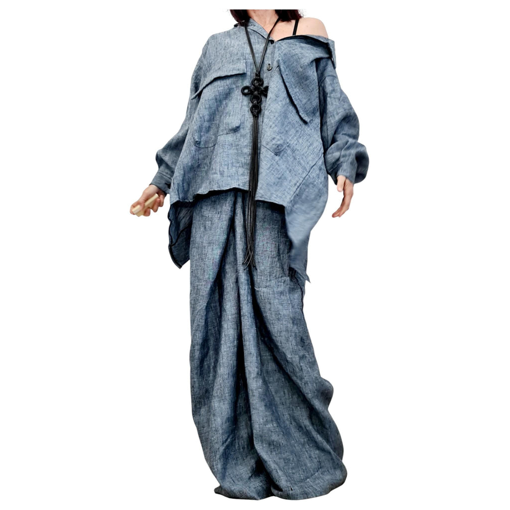 Denim Linen Shirt, Open Back Top, Asymmetric Off Shoulder Blouse, Avant Garde Style