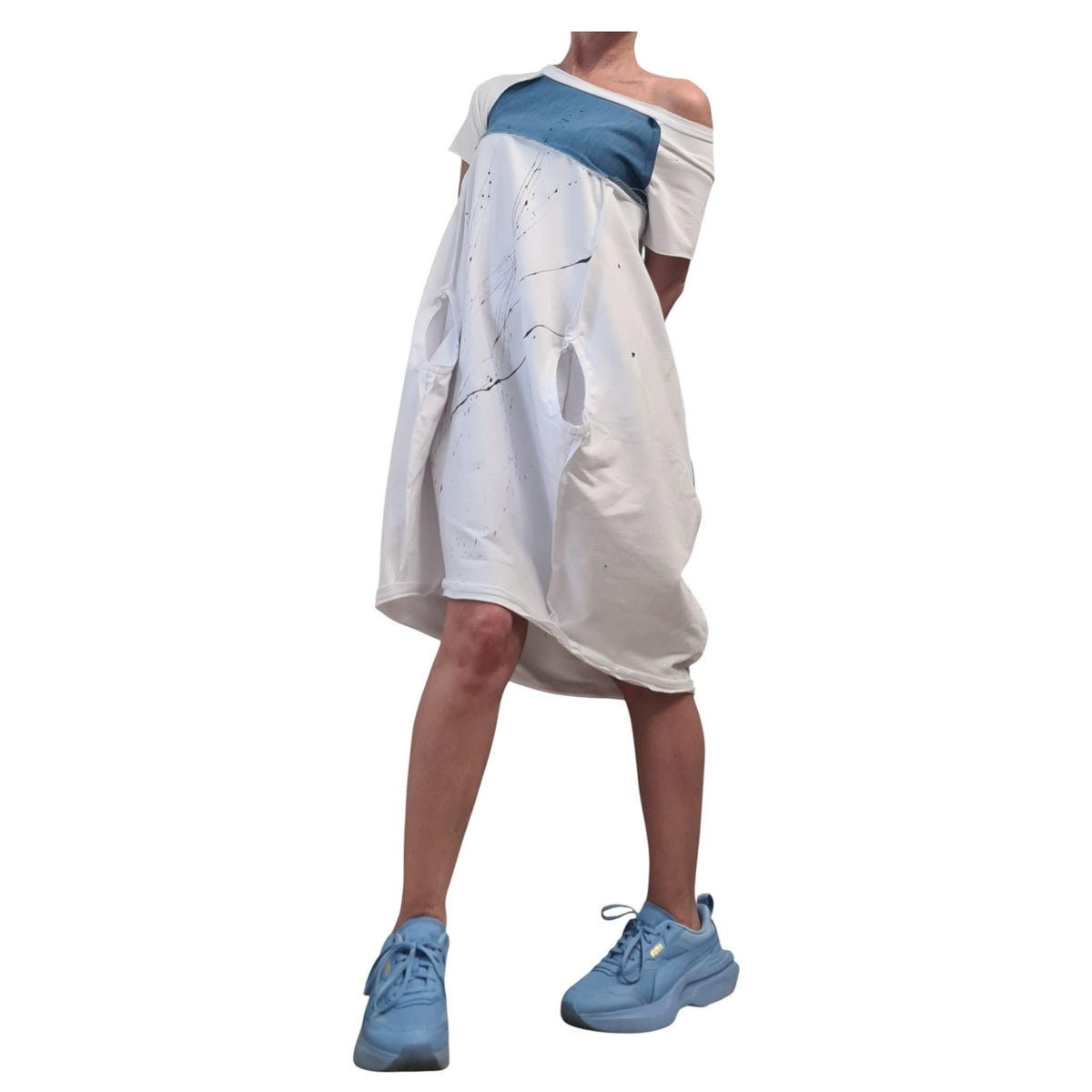 White Extravagant One Shoulder Dress, French Terry Cotton Denim Tunic, Plus Size Asymmetric Dress