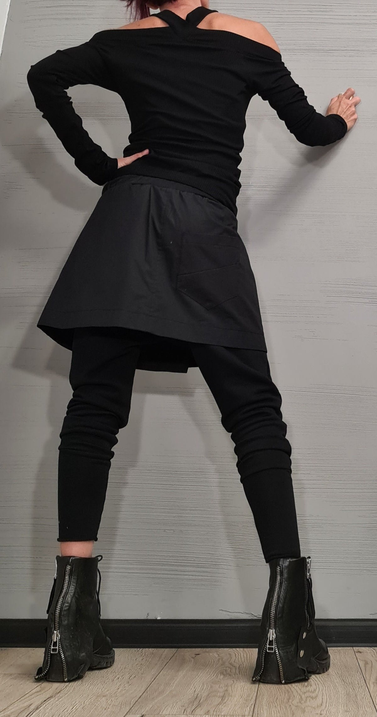 Black French Terry Pants, Attached Skirt Panel, Zip Pocket Detail