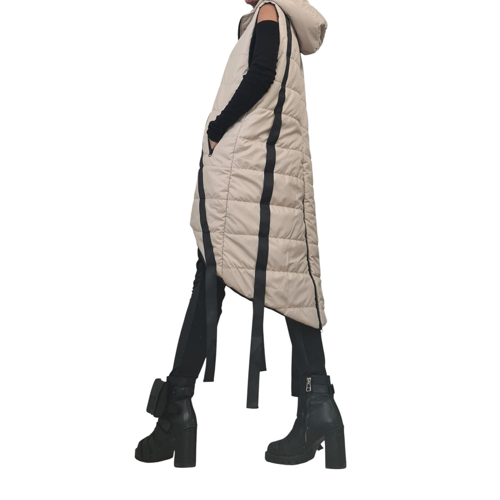 Beige Oversized Hooded Puffer Vest, Asymmetrical Quilted Sleeveless Winter Coat, Black Trim