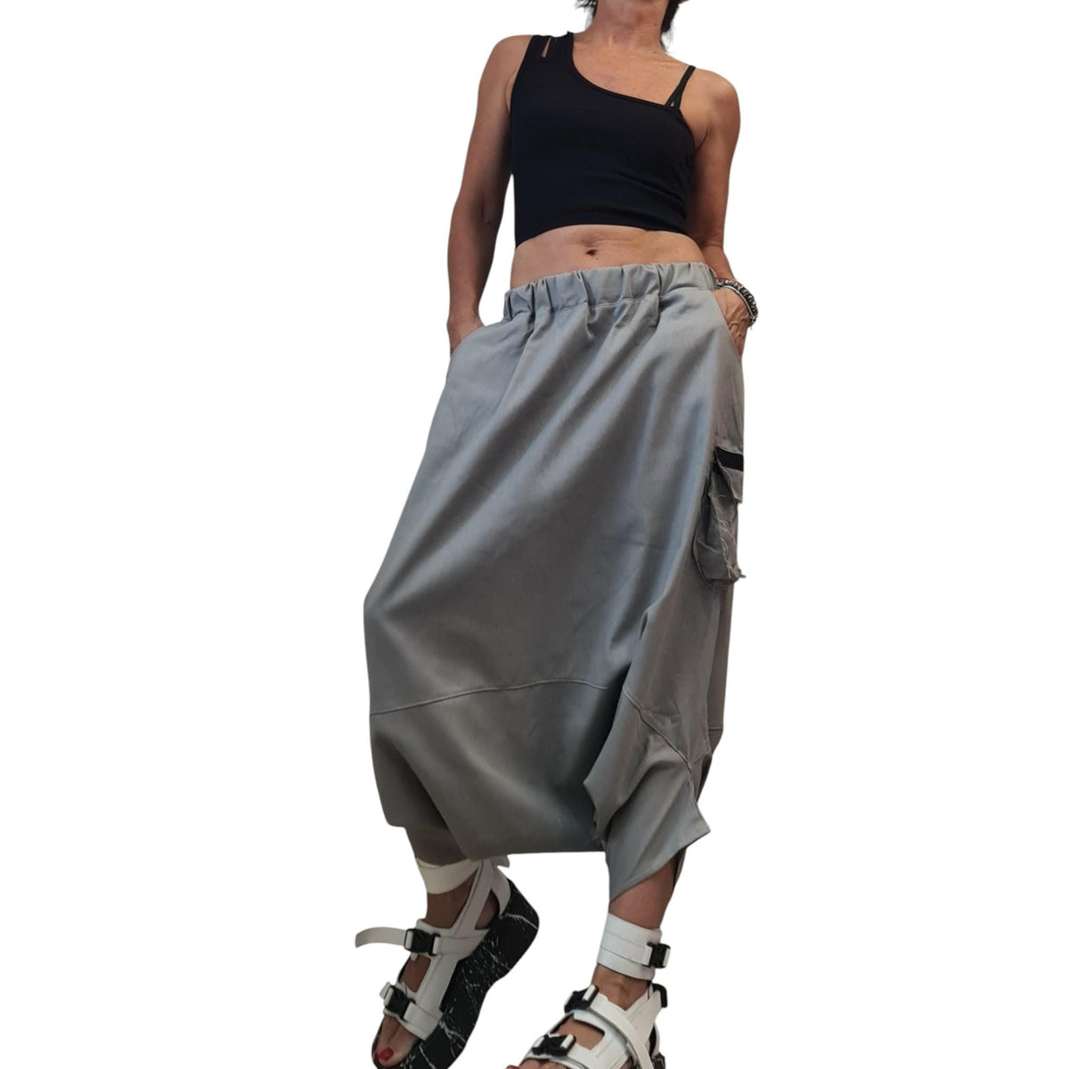 Gray Linen Harem Pants, Mid-Calf Drop Crotch Trousers, Cargo Pockets, Elastic Waist, Plus Size