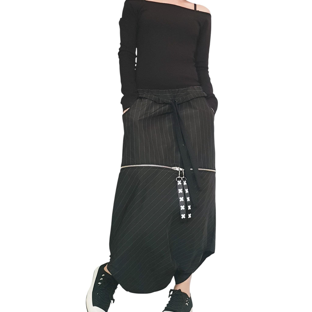 Black Pinstripe Asymmetrical Jacket, Long Pants Skirt, Plus Size Cotton Sateen Co-Ord Set