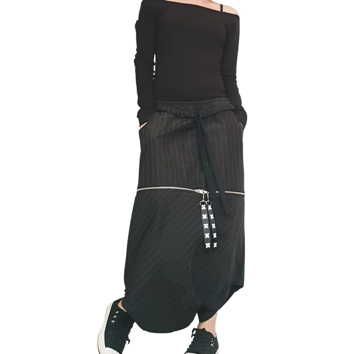 Black Pinstripe Asymmetrical Jacket, Long Pants Skirt, Plus Size Cotton Sateen Co-Ord Set