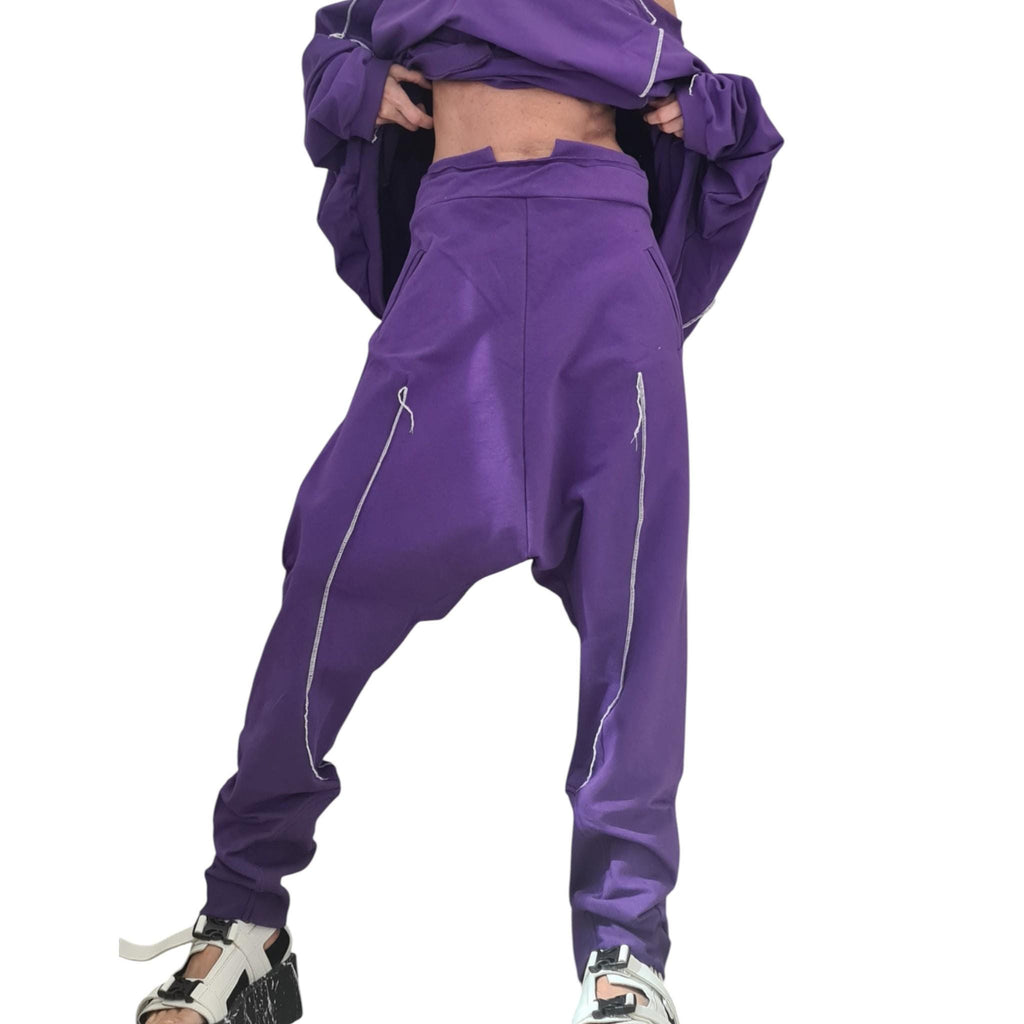 Purple Cotton Co-Ord Set, Harem Pants, Asymmetrical Blouse, Raw Edges, Contrast Seams