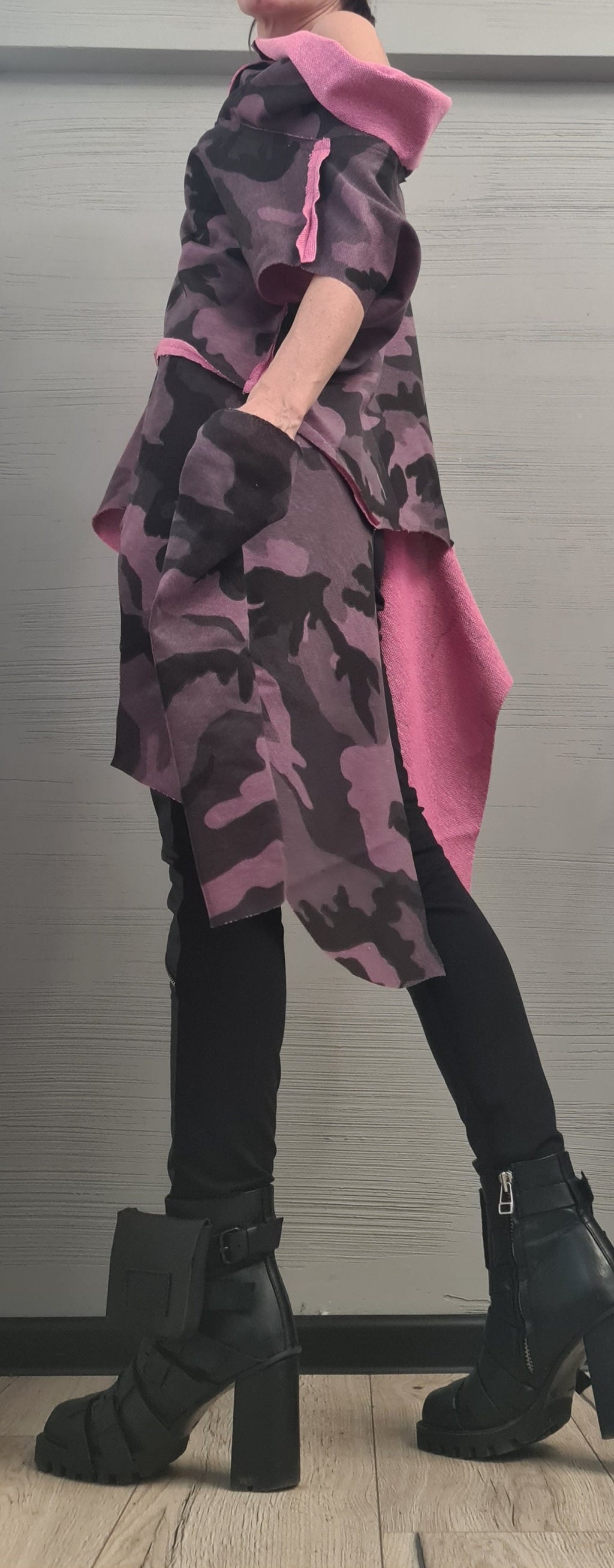 Military Purple Cotton Tunic | Asymmetric One Shoulder Design, Separate Sleeves