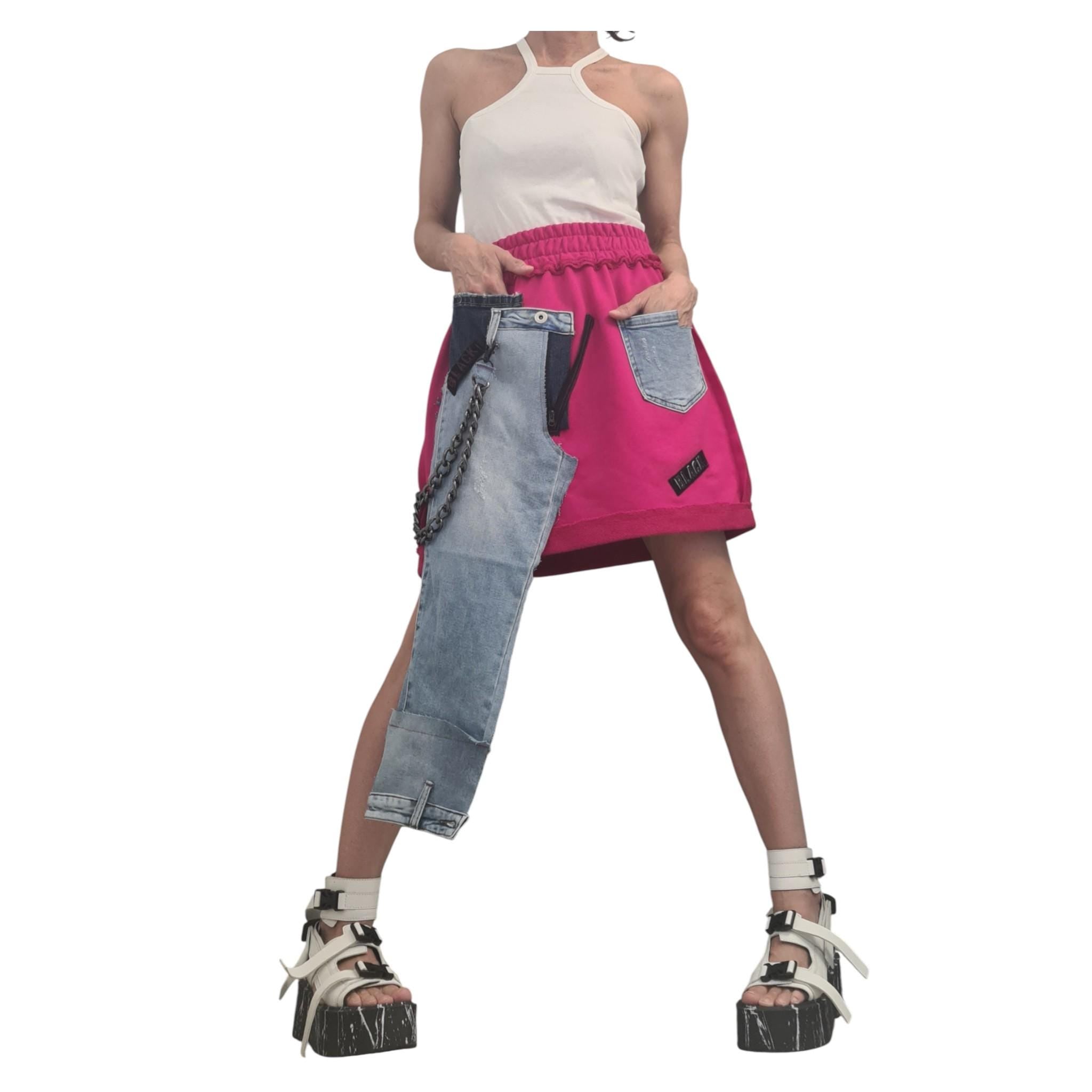 New collection Extravagant Short Skirt, Cotton Denim Skirt, Deconstructed Avant Garde Skirt Outside Seam