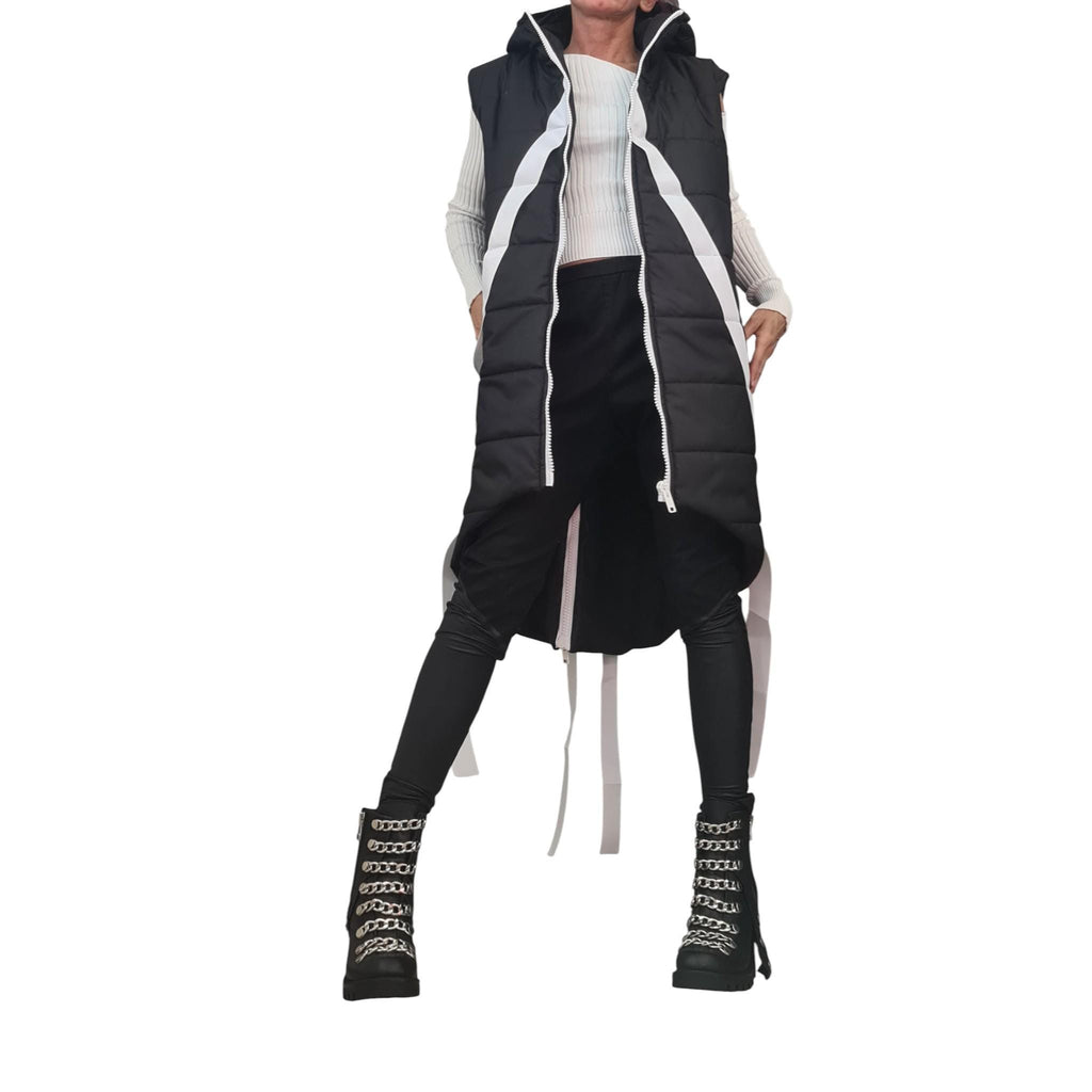 Beige Oversized Hooded Puffer Vest, Asymmetrical Quilted Sleeveless Winter Coat, Black Trim