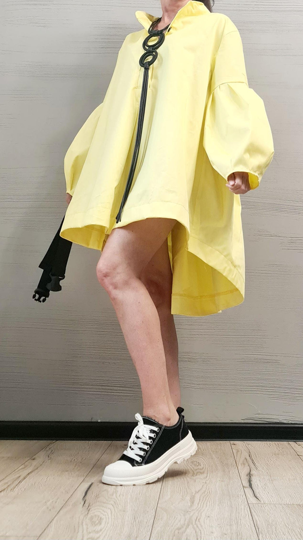 Yellow Tunic Dress, Oversized Shirt, Asymmetrical Hem, Balloon Sleeves, Mini Dress