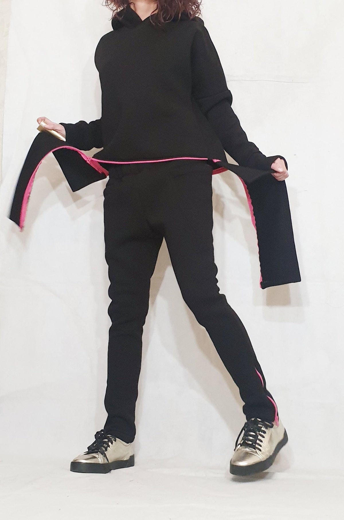 Black Cotton Drop Crotch Pants, Asymmetrical Hooded Sweatshirt, Pink Zipper, Two-Piece Co-Ord Set