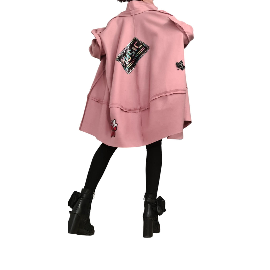 Dusty Rose Oversized A-Line Coat, High Collar Winter Jacket, Appliqué Patch Details