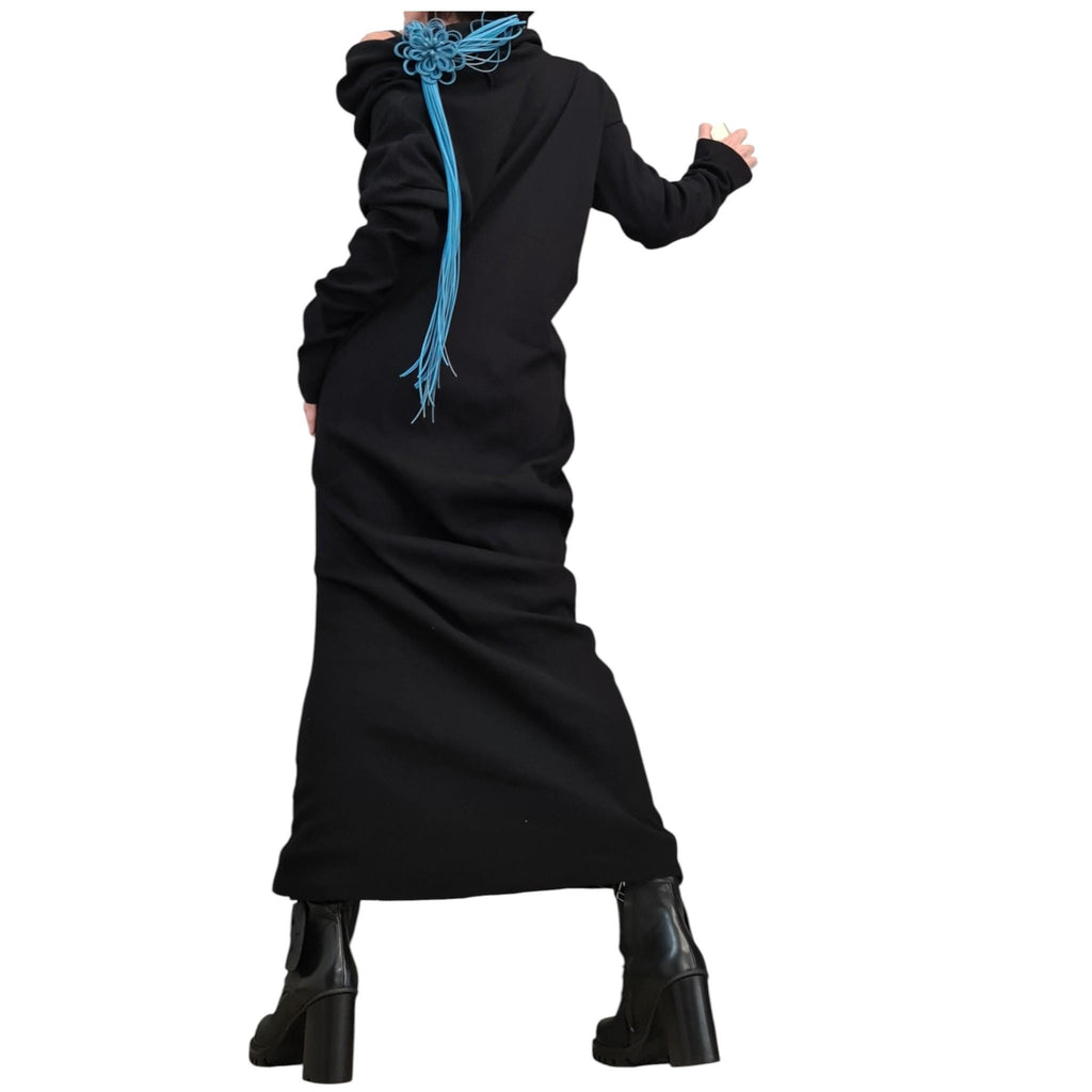 Extravagant Asymmetric Black Cotton Dress, Plus Size Clothing
