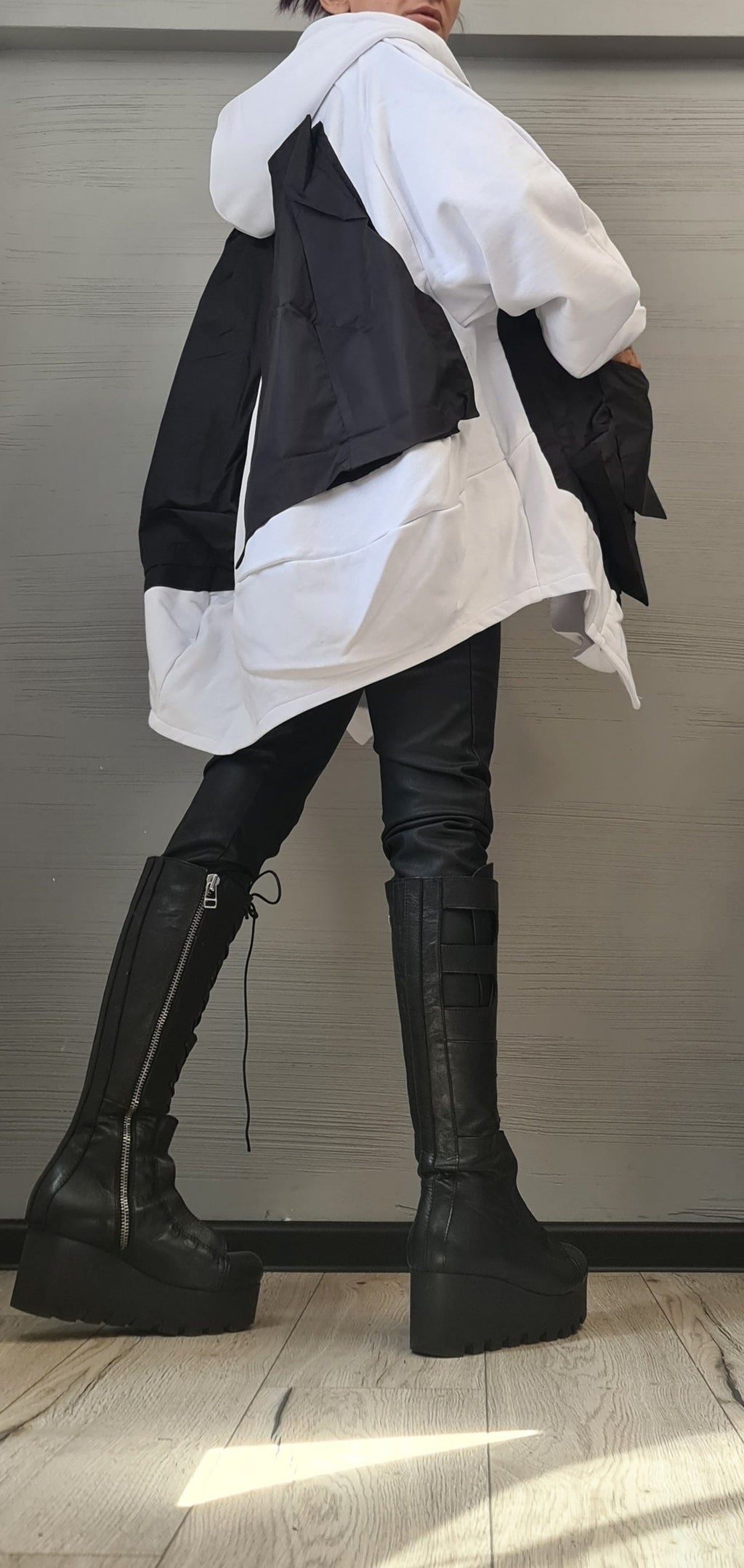 Black and White Asymmetric Cotton Poncho, Oversized Hooded Sweatshirt with Long Sleeves, Plus Size