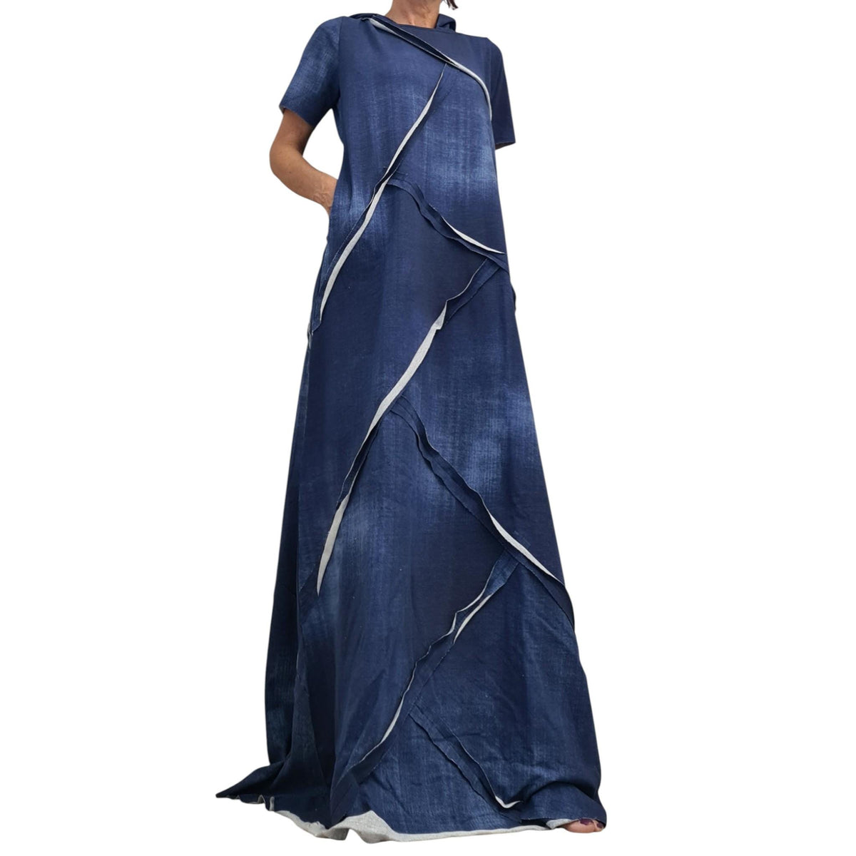 Hooded Long Cotton Dress, Loose Avant Garde Dress for Women, Printed Denim Effect