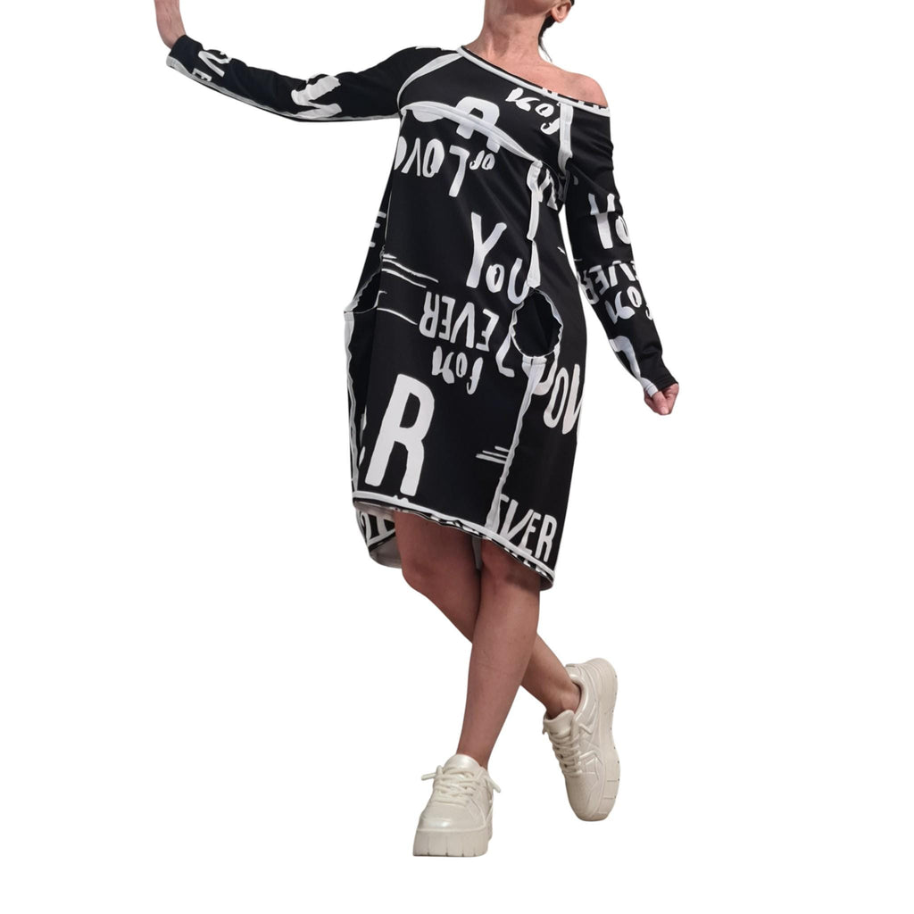 Asymmetric Graphic Dress, Long Sleeves, Knee Length Balloon Shape, Black White, Fashion for Women
