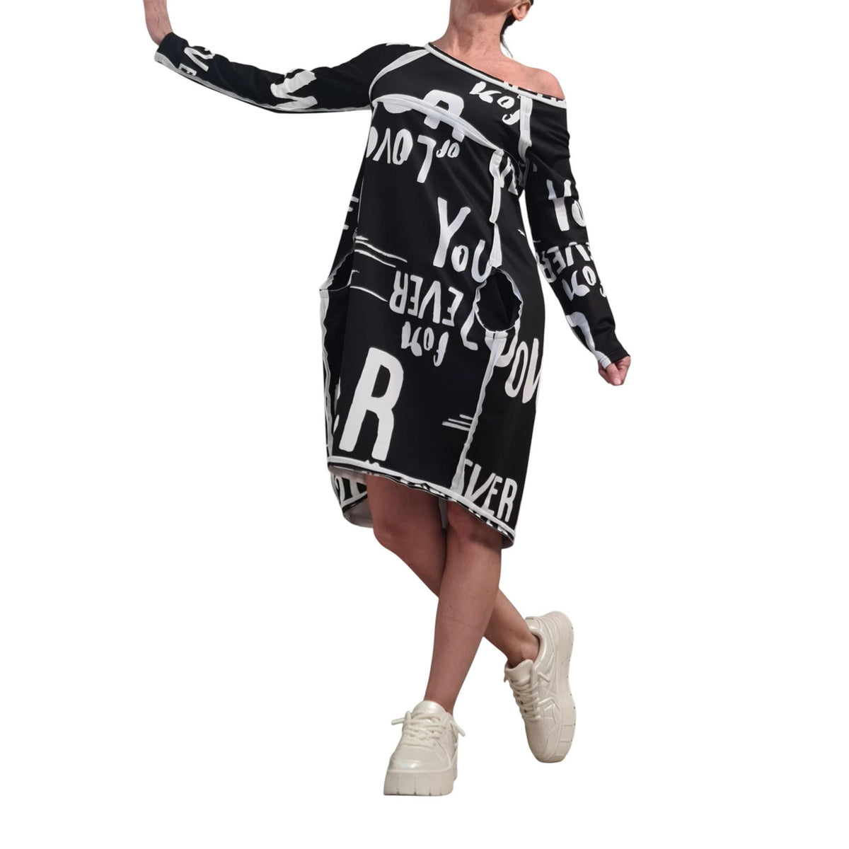 Asymmetric Graphic Dress, Long Sleeves, Knee Length Balloon Shape, Black White, Fashion for Women