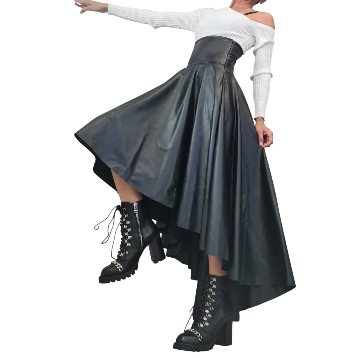 Eco Leather High Waist Asymmetric Skirt, Extravagant Black Gothic Skirt