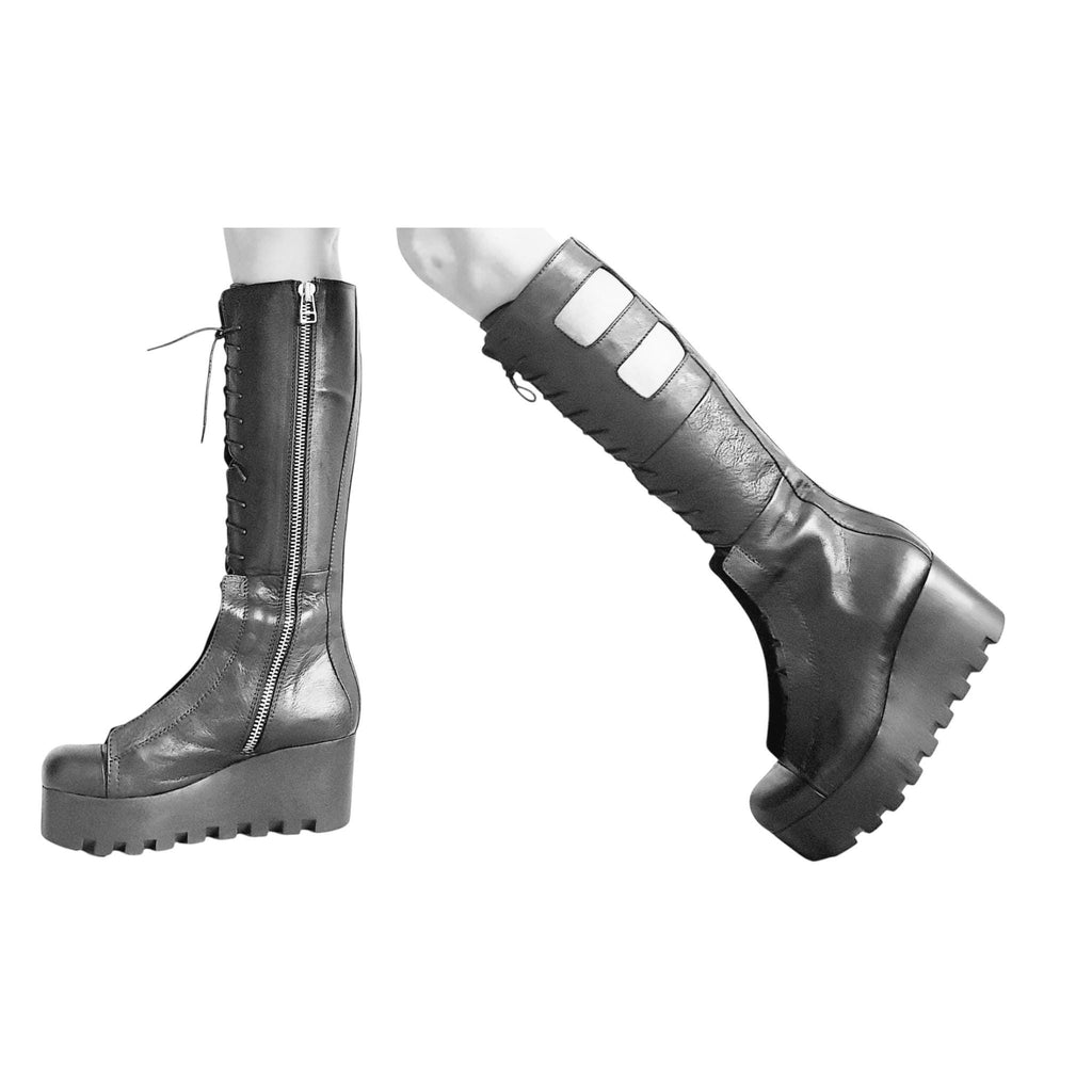 Black Greek Gladiator Boots, Knee High Platform Booties, Closed Toe Gothic Shoes