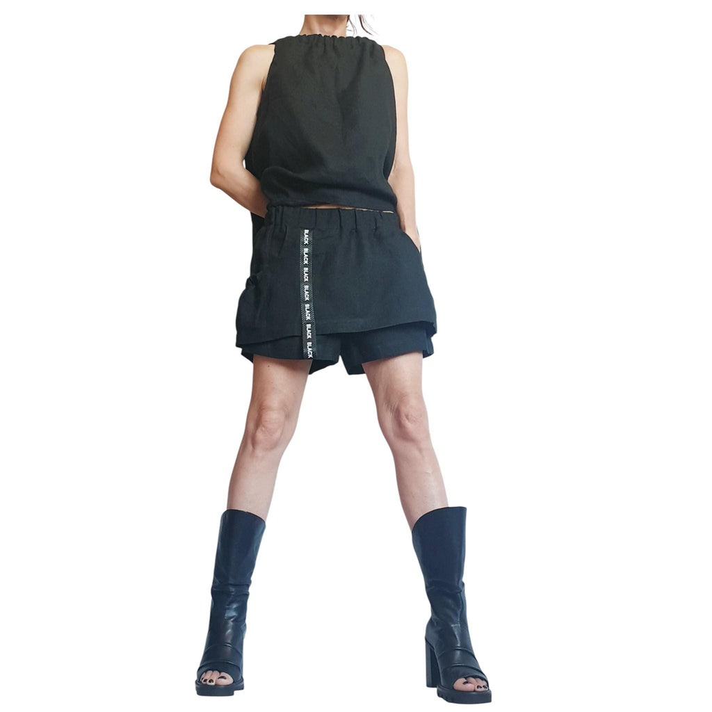 Black Linen Two Piece Set, Shorts Skirt and Open Back Top, Handmade Outfit