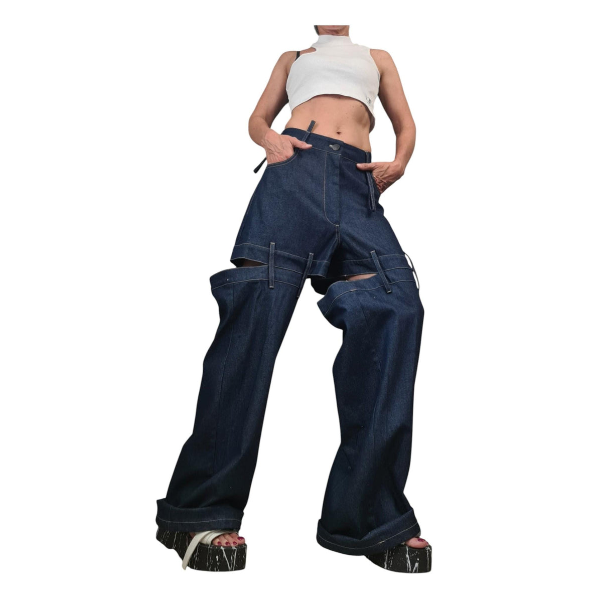 Black Denim Trousers, Deconstructed Wide Leg Jeans, Oversized Women Clothing