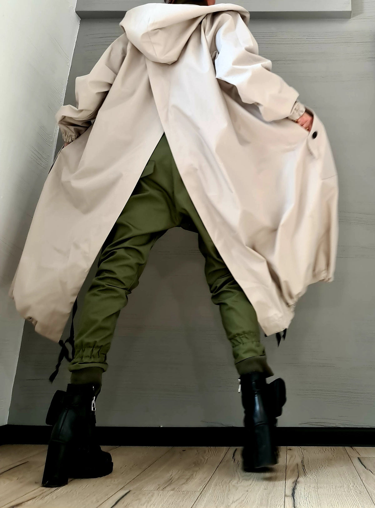 Light Beige Asymmetrical Hooded Trench Coat, Ripstop Jacket with Overlapping Open Back