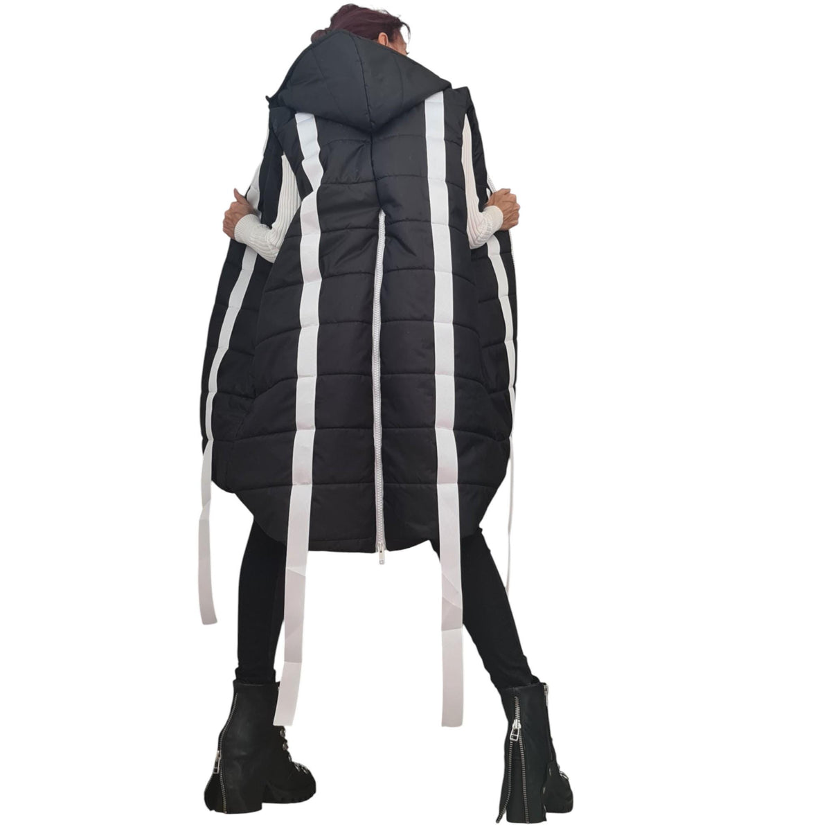 Beige Oversized Hooded Puffer Vest, Asymmetrical Quilted Sleeveless Winter Coat, Black Trim