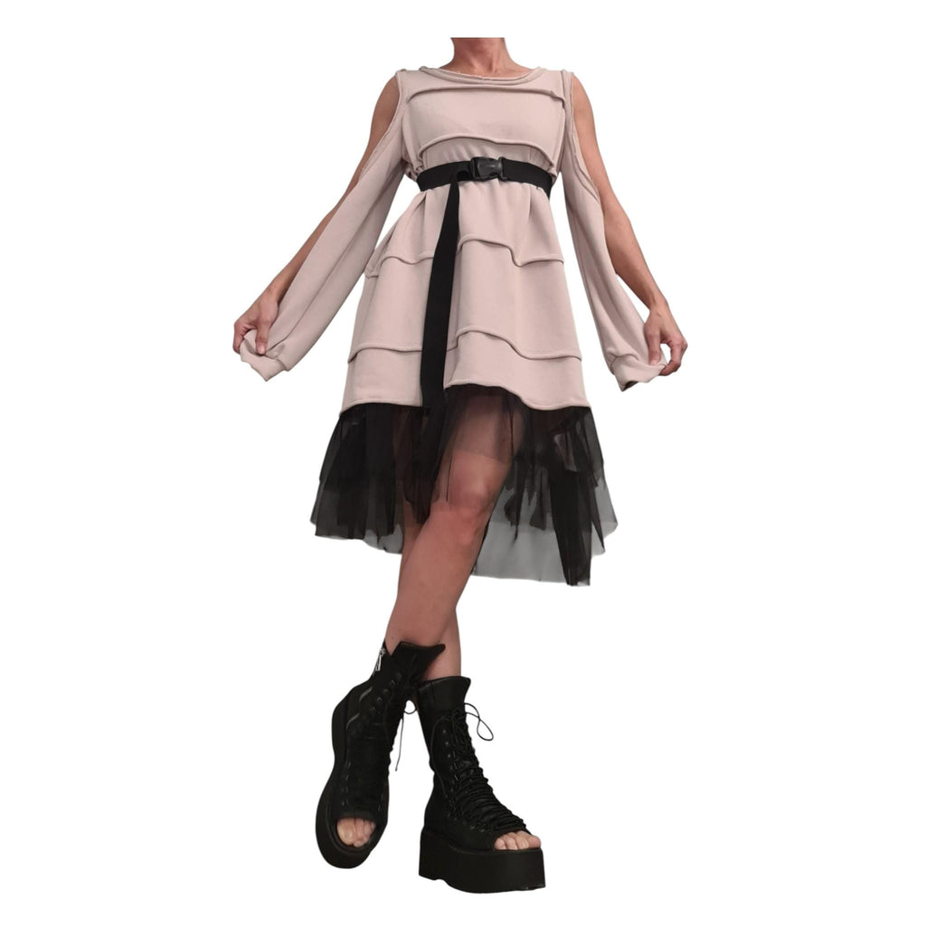 Beige Off Shoulder Asymmetrical Dress with Tulle, Avant Garde Oversized Dress, Removable Sleeves Tunic