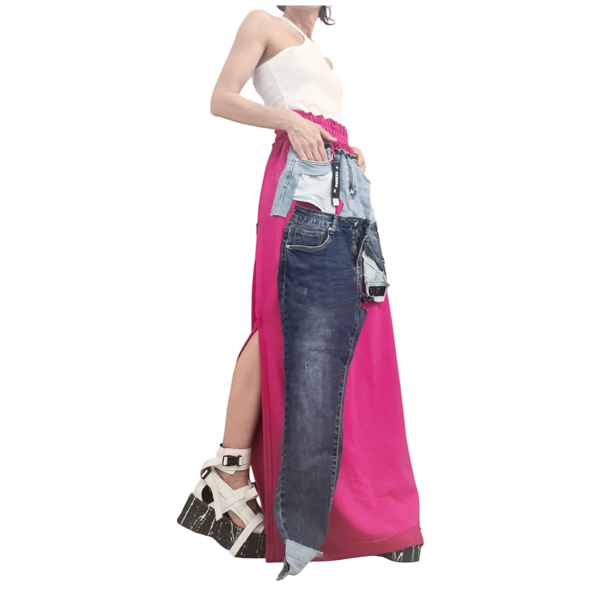 White Maxi Skirt, Cotton with Denim Details, Asymmetric Design with External Seams