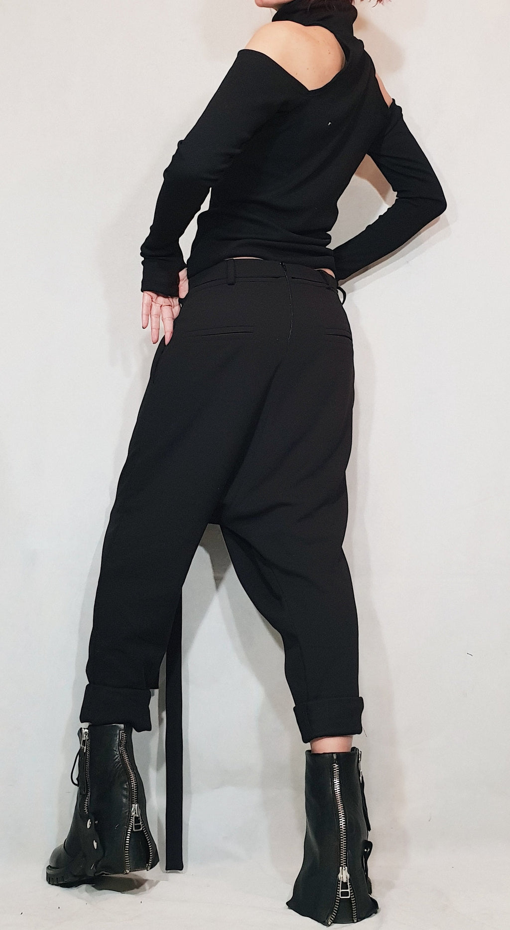 Black Avant Garde Drop Crotch Pants, Skirt Overlay Harem Trousers