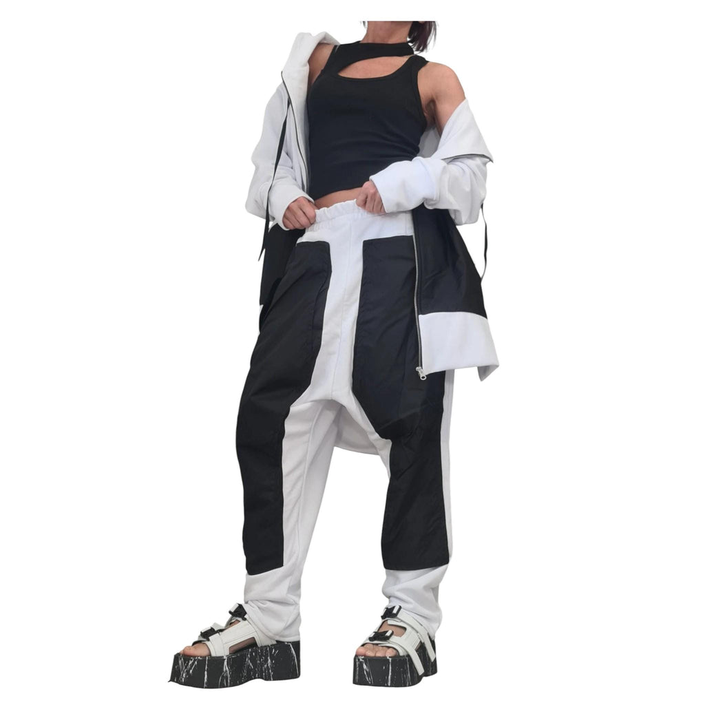 Black White Cotton Drop Crotch Pants, Asymmetrical Zip Hoodie, Contrast Panels, Two-Piece Co-Ord Set
