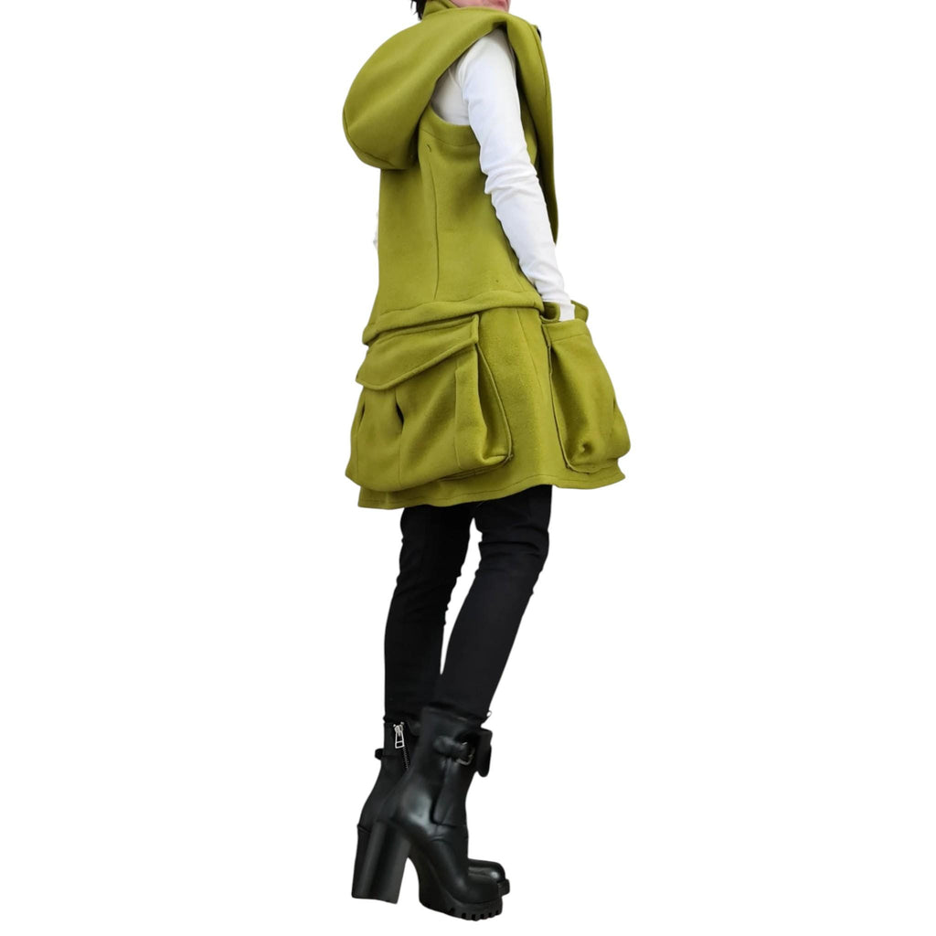 Pistachio Asymmetric Convertible Hooded Vest, Detachable Cargo Pocket Panel, Long or Cropped, Plus Size