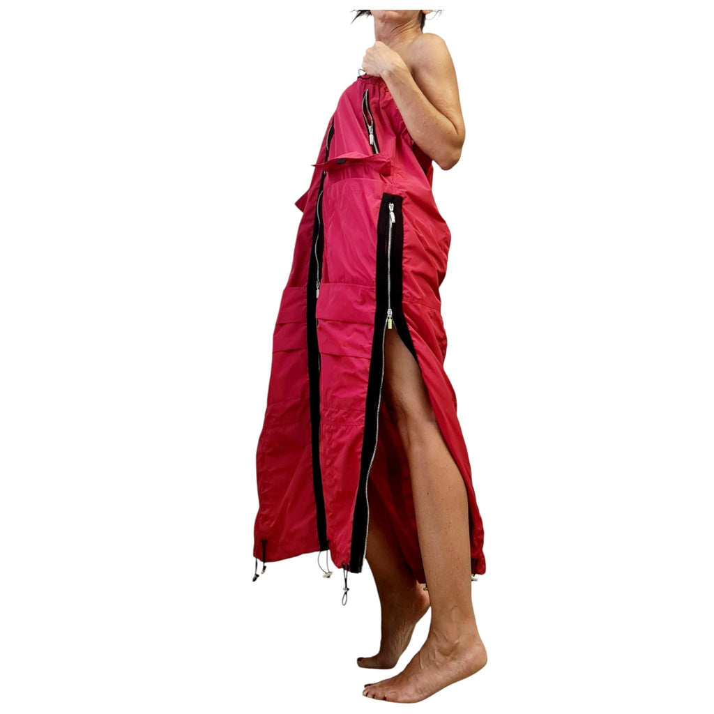 Red Maxi Cargo Skirt with Zippers, Oversized Avant Garde Clothing, Techwear Festival Outfit