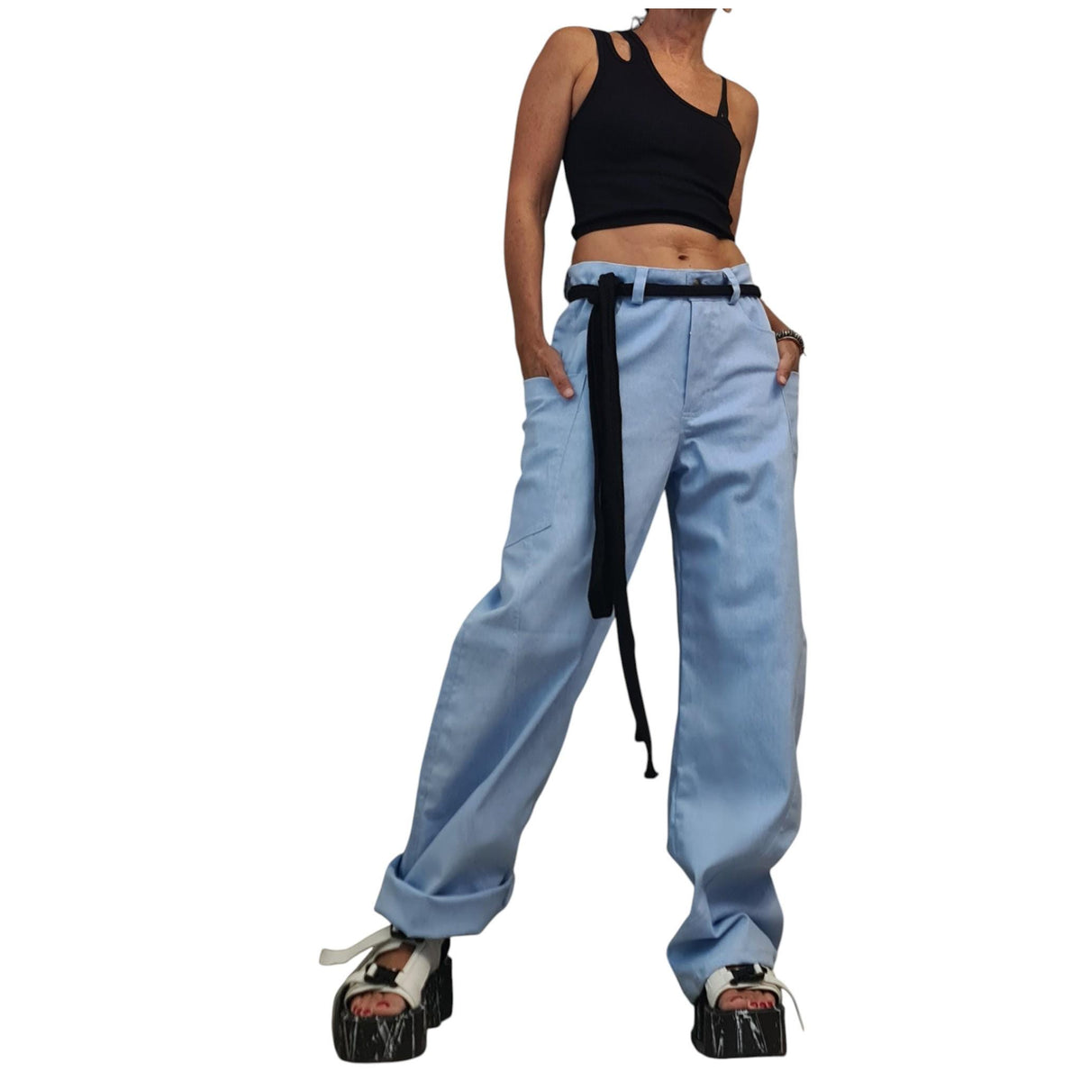 Light Blue Balloon Denim Pants, Wide Leg Barrel Jeans