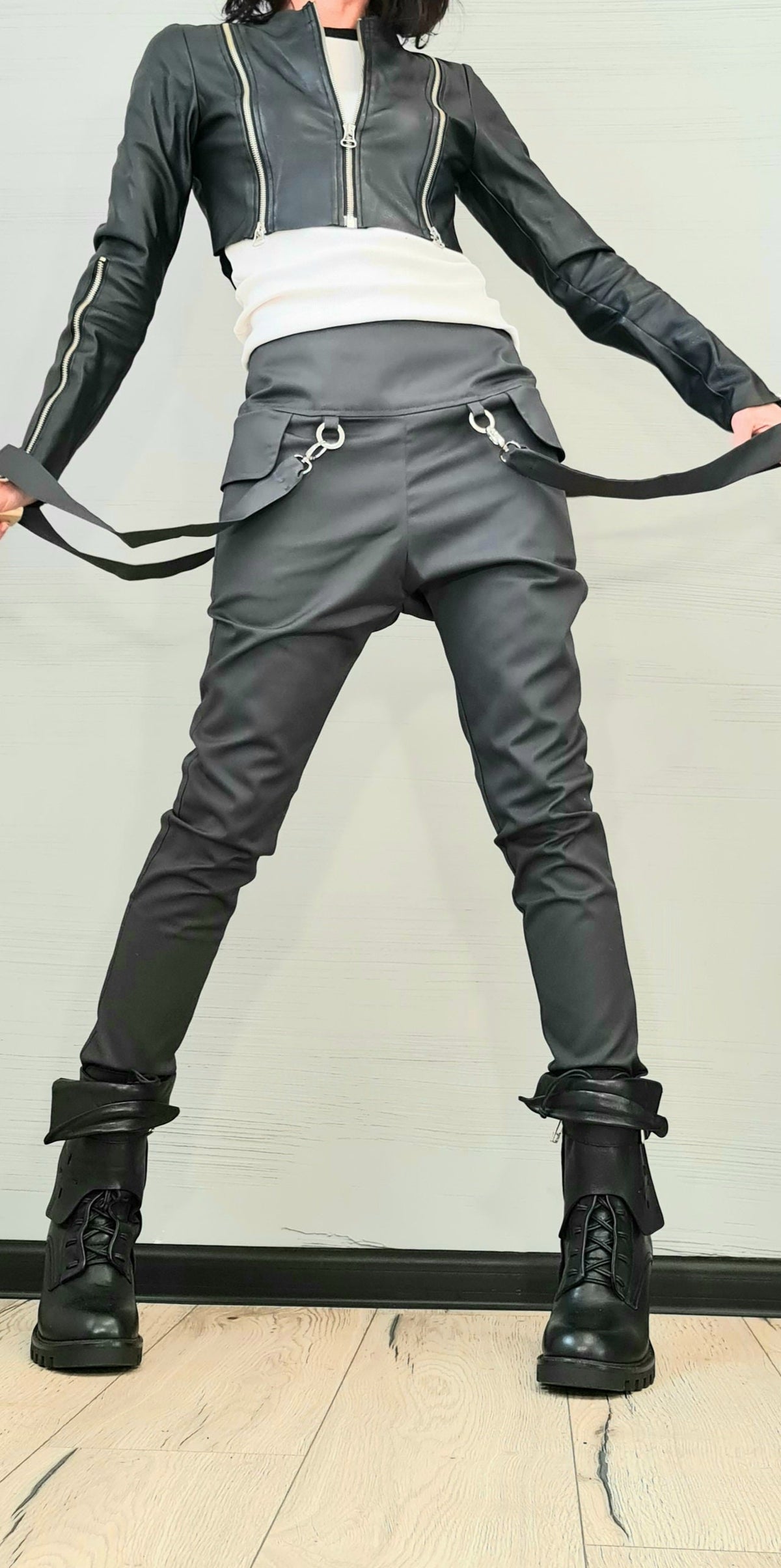 Gray Drop Crotch Pants, Side Leg Pockets, Hanging Straps