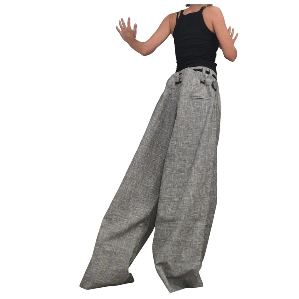 Grey Convertible Linen Pants for Women, 2 in 1 Avant Garde Wide Leg Trousers