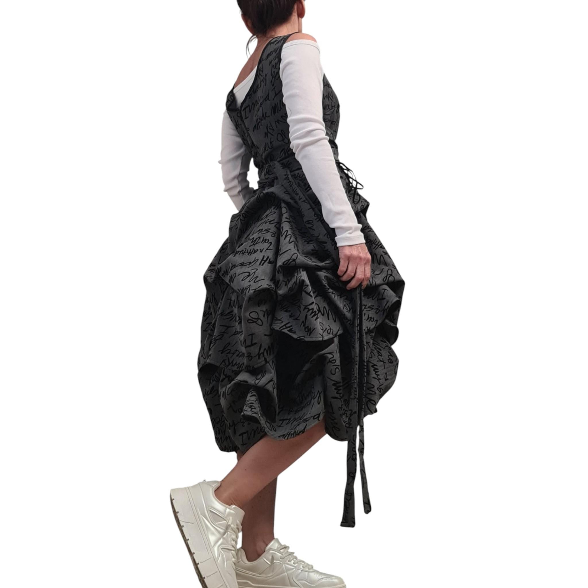 Avant Garde Grey Dress for Women Sleeveless Balloon Silhouette Text Print Belted Knee Length