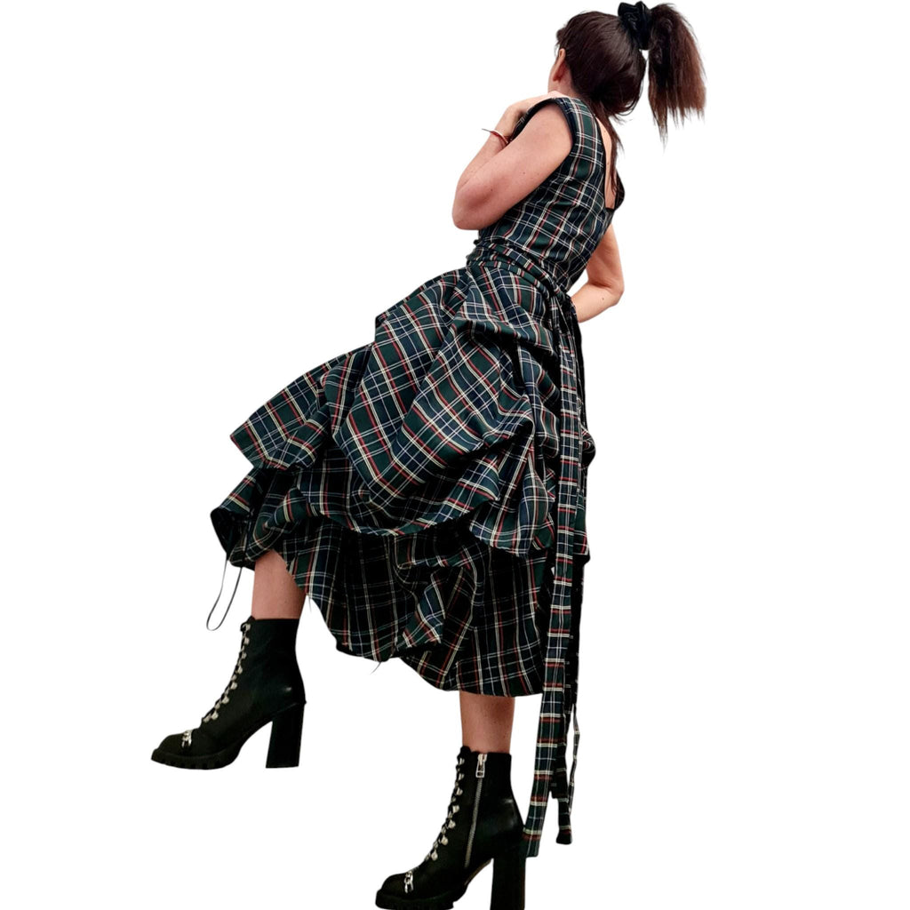 Dark Green Tartan Asymmetric Gown | Sleeveless Knee-Length Dress with Adjustable Skirt