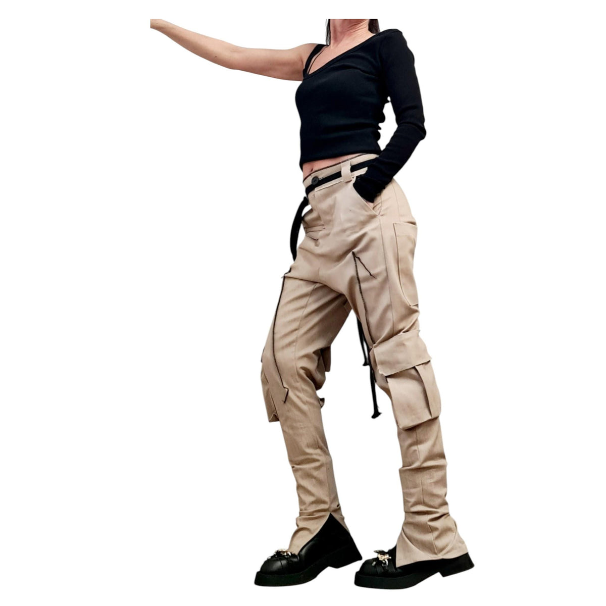 Extravagant Cargo Denim Pants, Fitted Casual Pants, Outer pockets