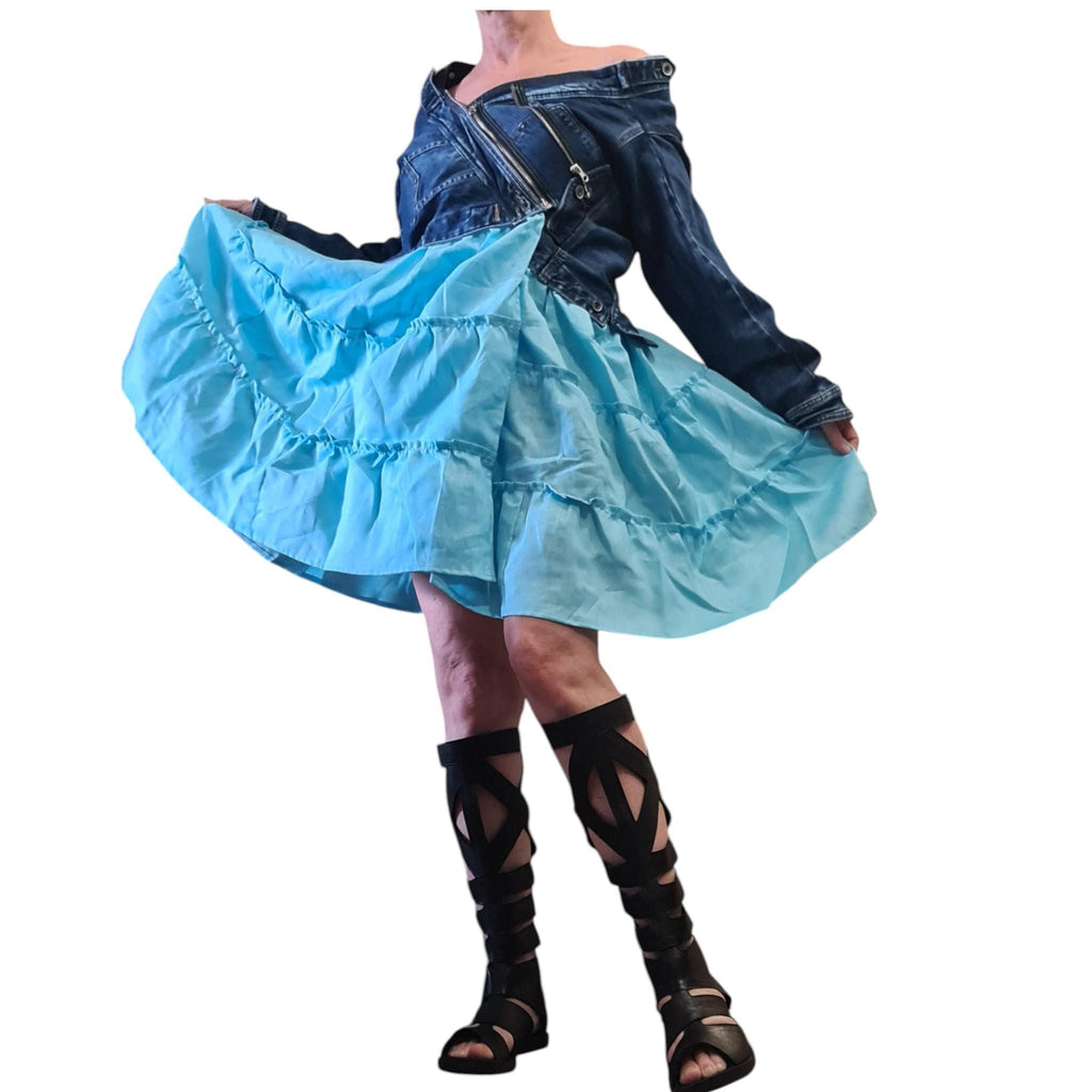 Denim Linen Dress, Blue Tiered Skirt, Off Shoulder Top, Asymmetrical Short Dress, Summer Outfit