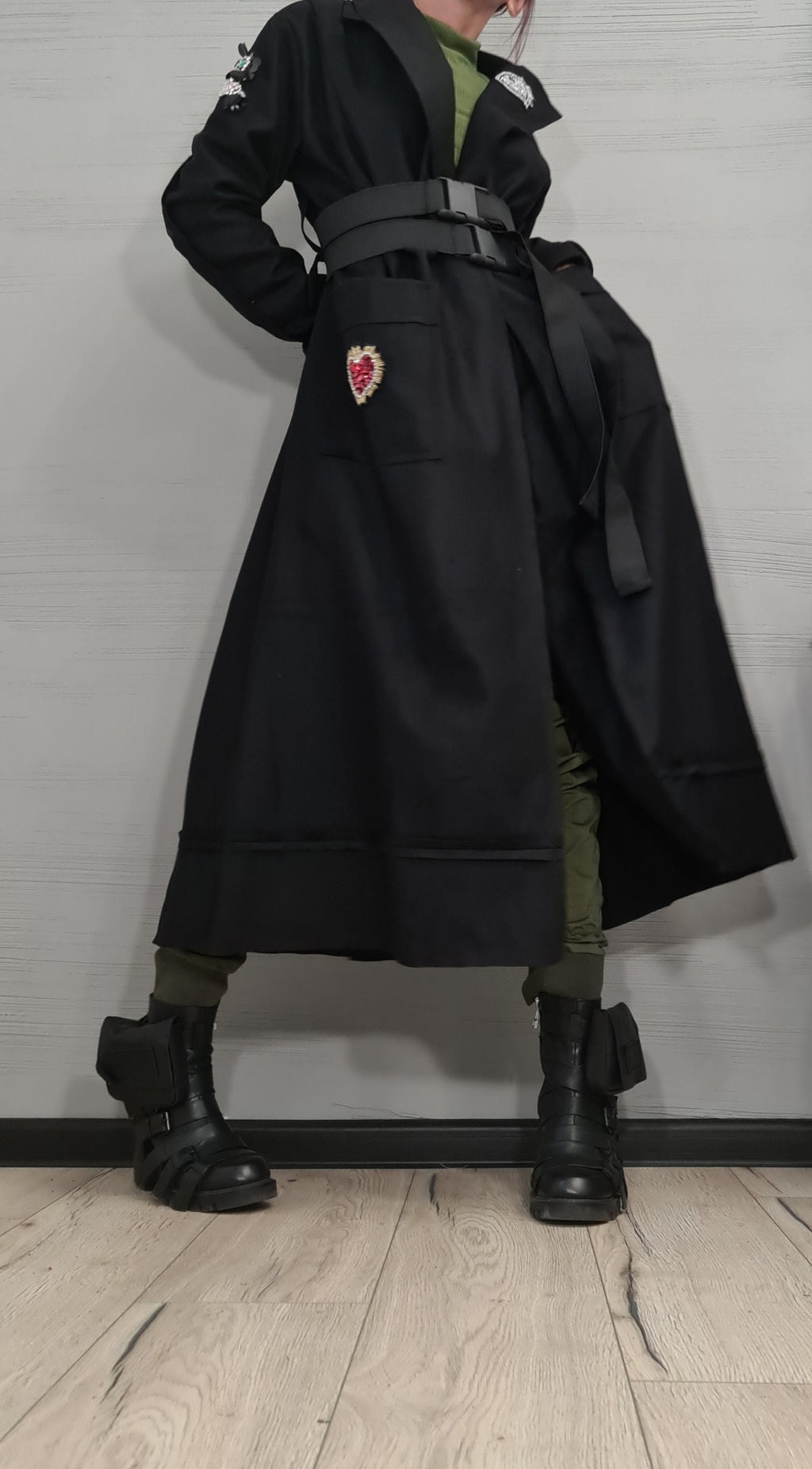 Black Asymmetrical Maxi Coat, Double Buckle Belt, Decorative Appliqués, Flared Winter Overcoat
