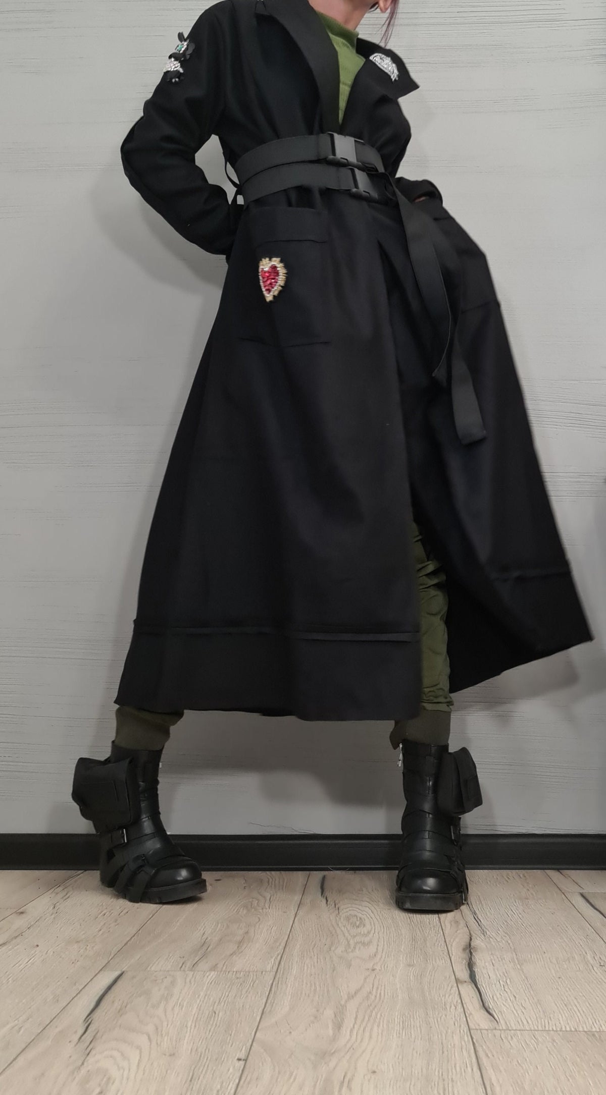 Black Asymmetrical Maxi Coat, Double Buckle Belt, Decorative Appliqués, Flared Winter Overcoat