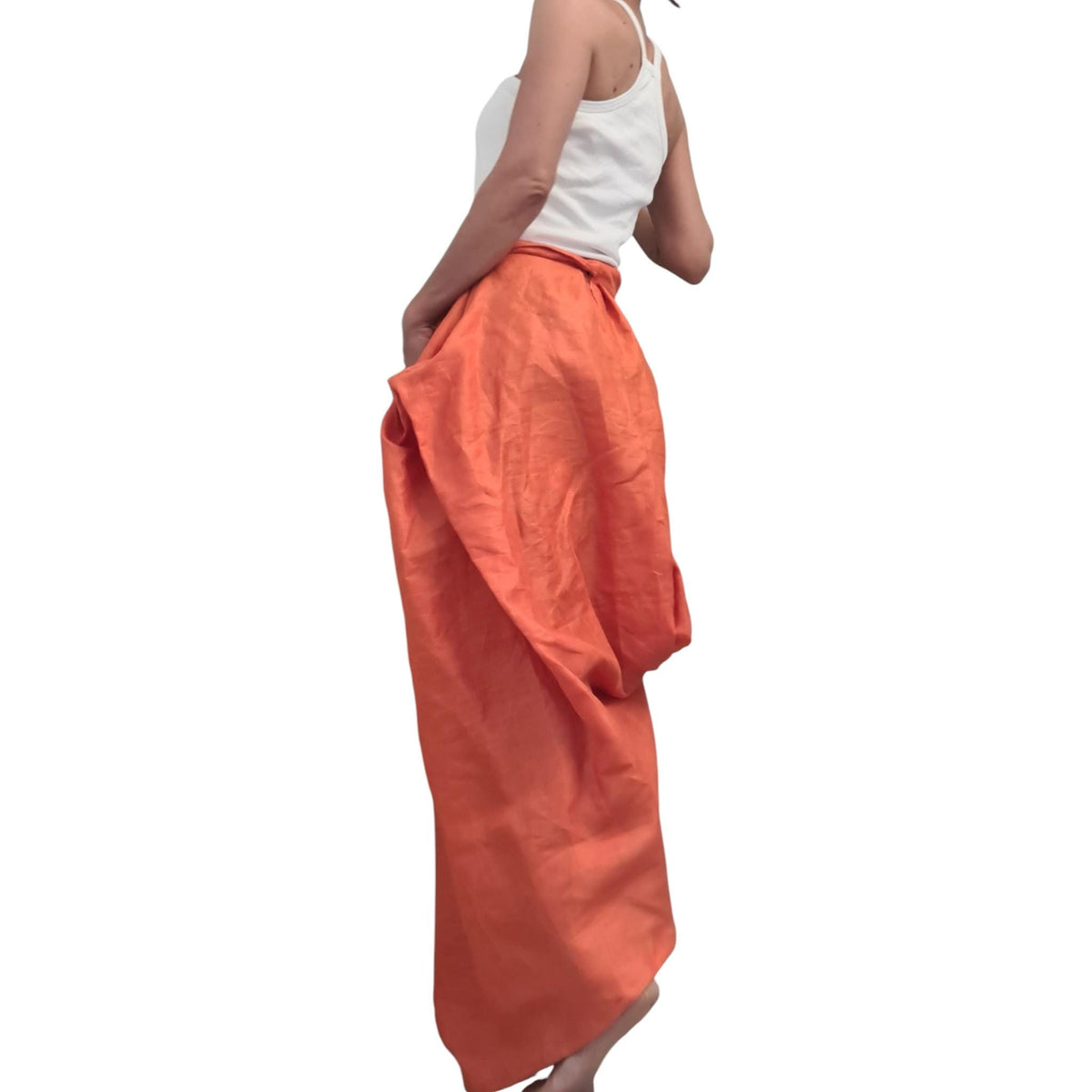 Orange Linen Boho Skirt, Asymmetrical Maxi Wrap Bottom, Oversized Loose Summer Clothing