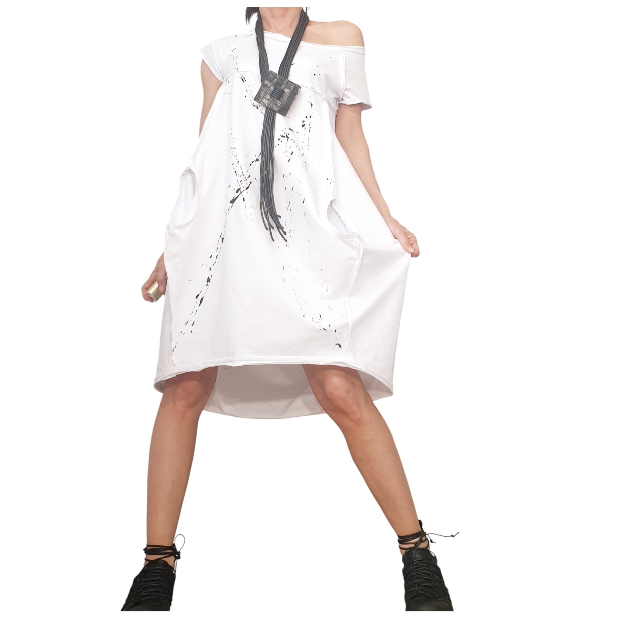 White French Terry Short Sleeve Dress, One Shoulder Oversized Tunic Dress, High Low Silhouette