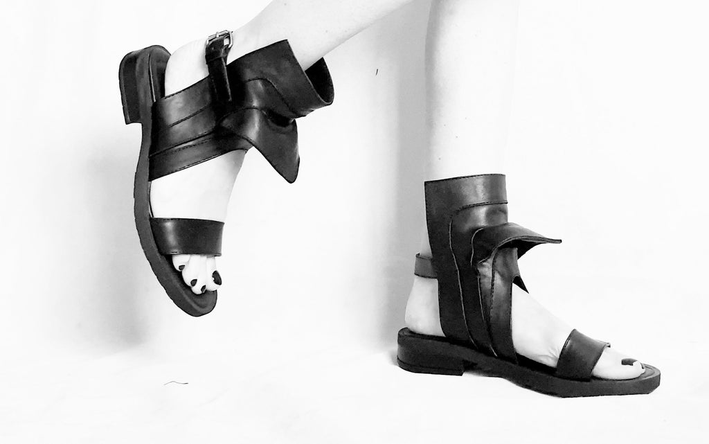 Black Leather Gladiator Sandals Open Toe Ankle Design Gothic Handmade Women Shoes