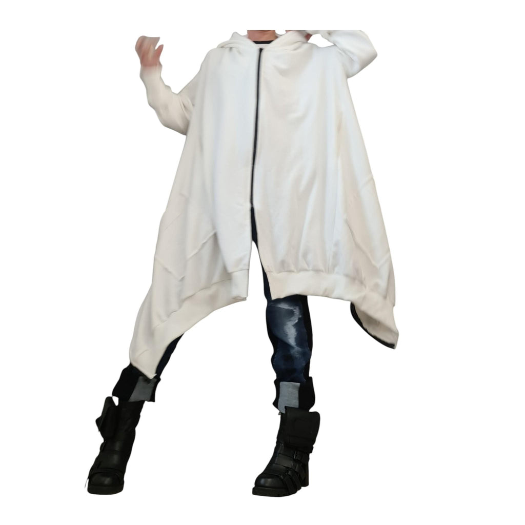 White Asymmetric Hooded Sweatshirt, Oversized Cotton Jacket, Longline Zip Up Hoodie