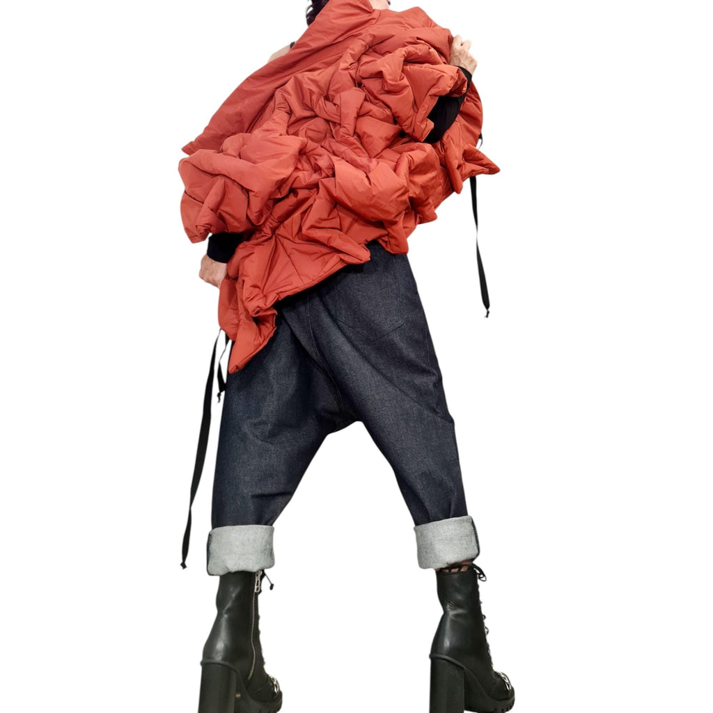 Brick Orange Asymmetric Puffer Vest, Oversized Quilted Sleeveless Jacket, Cropped Winter Gilet