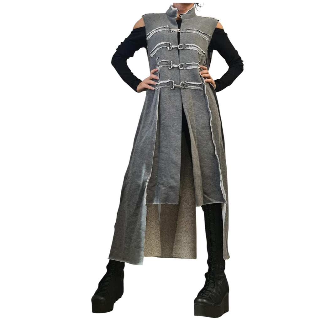 Grey Cotton Asymmetrical Maxi Vest, Sleeveless Longline Top, Raw Seams and Tie Details