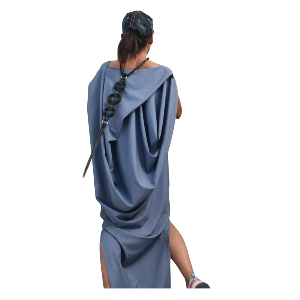 Denim Avant Garde Long Dress, One Shoulder Drape Silhouette, Plus Size kaftan